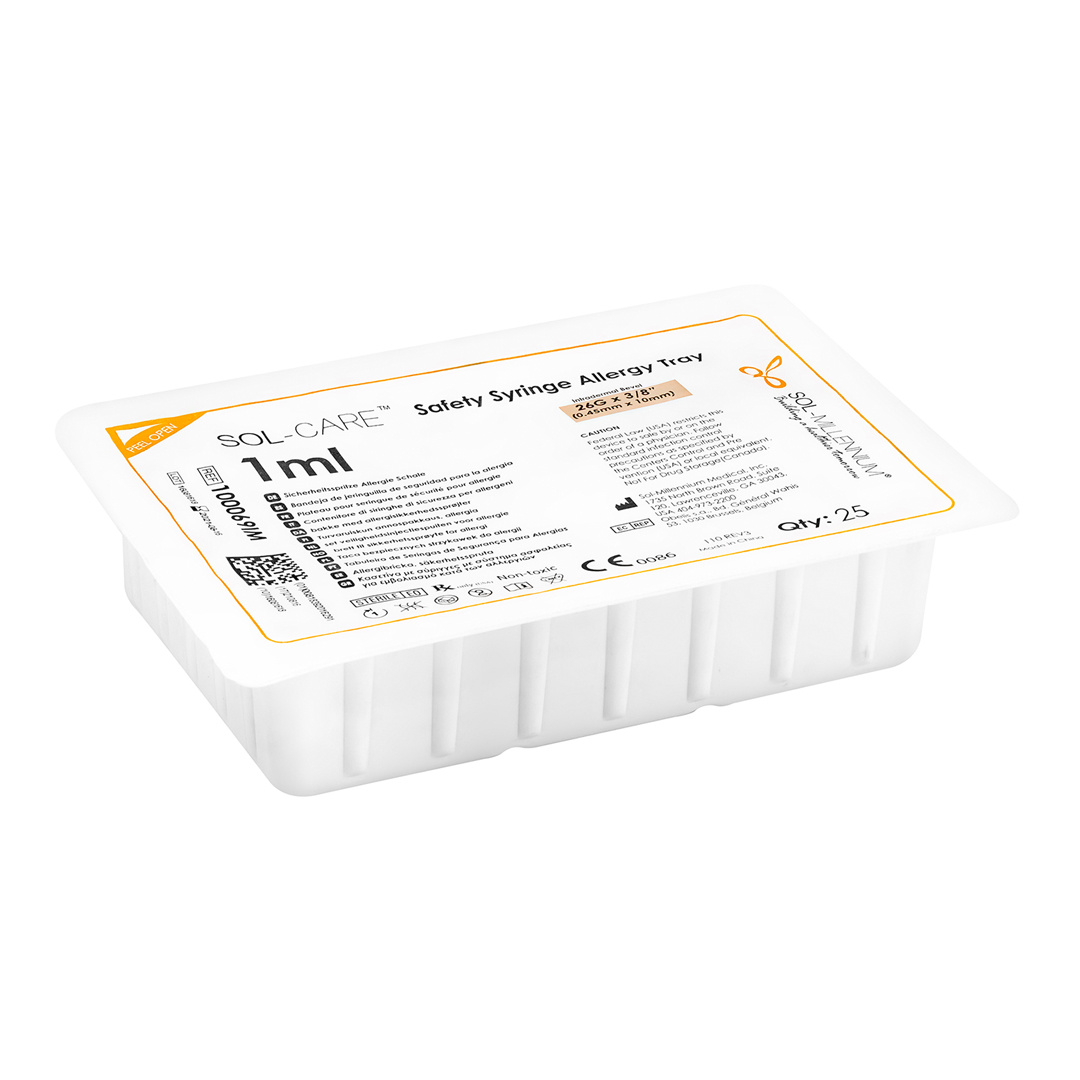 SOL-M 26 G Allergy Safety Syringe Tray 3/8 IDB [100069IM] - 1 mL, Sterile,  1000 total/case